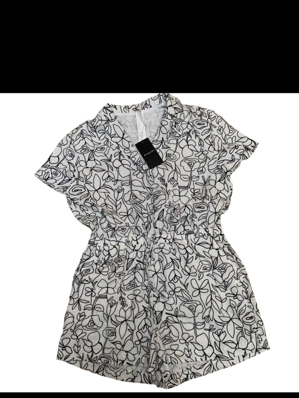Fabletics Romper Women  White Black Floral Button Front Drawstring Short Sleeve